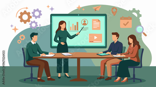 Business professionals attending a presentation and working in a modern office