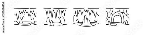 Collection of stylized cave entrances with stalactites and stalagmites