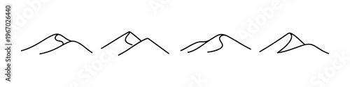 Minimalist line art depicting four distinct mountain range silhouettes against a white background