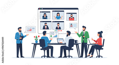 Six business professionals conduct a meeting around a black table, with a large screen showing a six-person video conference.