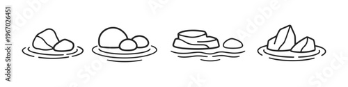 Simple line drawings of rocks with ripples in water