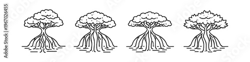 Set of four stylized mangrove trees with exposed roots in a minimalist line art style