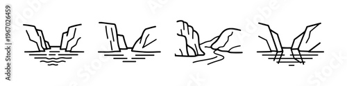 Minimalist line art depicting a river flowing through a canyon with distinct rock formations