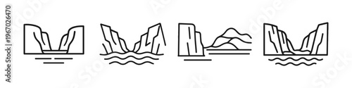 Collection of minimalist line art icons depicting various natural landscapes and geological formations