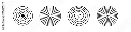 Set of four stylized tree rings and concentric circles with abstract elements