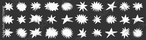 Starburst sketch shapes set. Rough hand drawn explosion and splash forms for comic and expressive graphic design elements
