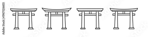 Collection of four distinct Japanese Torii gate outlines in a row
