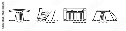 Collection of four different dam icons showing water flow and structure designs