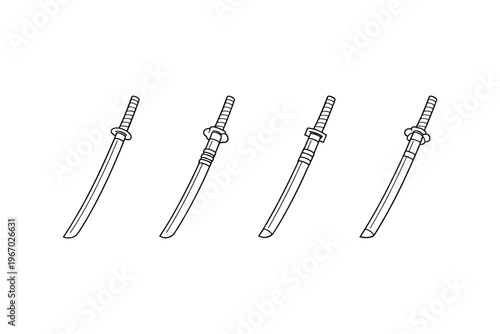 Four stylized Japanese katana swords arranged in a row, line art illustration