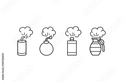 Set of four explosive devices including a bomb, grenade, and dynamite icons