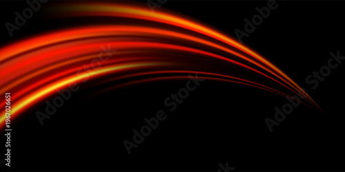 Glowing neon light trail element. Bright red orange speed line wave. Hot luminous curved path concept. Abstract bent dynamic motion stripes. Shiny fire streaks for poster, banner, flyer. Vector