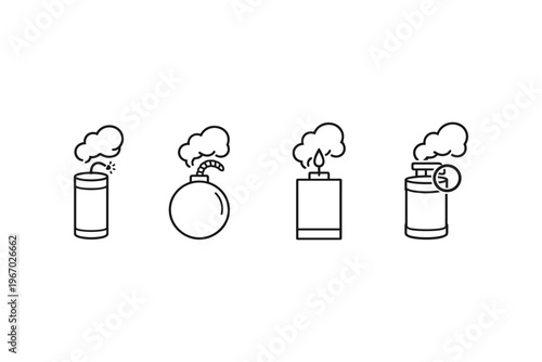 Set of four line art icons representing different types of explosive devices and smoke