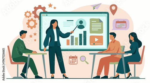 Professional business presentation with a female speaker and seated attendees