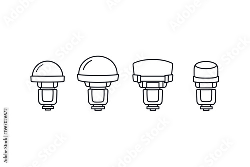 Set of four different camera flash heads in a clean line art style