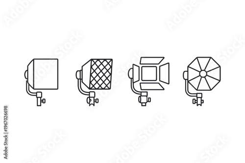 Set of four different studio lighting modifiers and equipment icons
