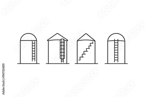 Set of four simple line art silos with ladders and stairs