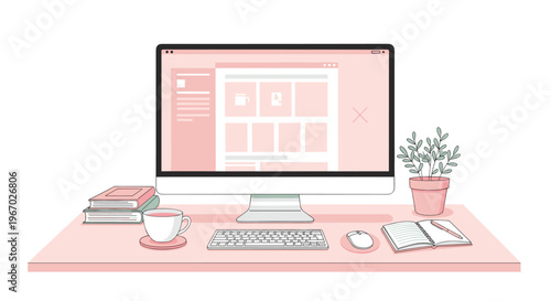 A pink-toned desk showcases a computer with a wireframe, keyboard, mouse, books, coffee, a plant, and an open notebook.