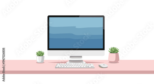 A minimalist pink desk holds a silver computer with a blue screen, a white keyboard, mouse, and two small potted succulents.