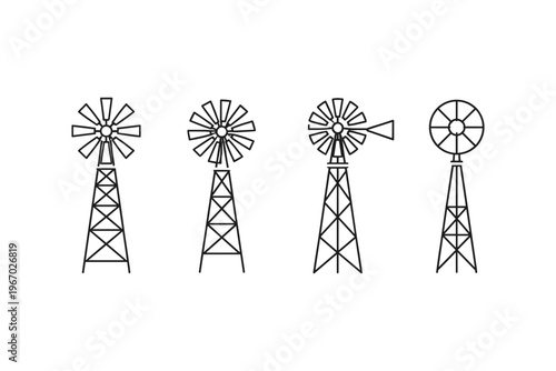 Collection of four distinct windmill line art illustrations on a white background