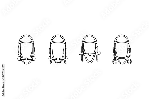 Collection of four different horse bridles and bits in a clean line art style