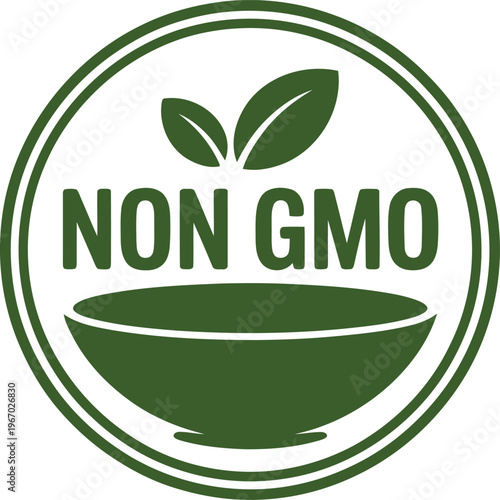 Non GMO Organic Food Label Icon with Green Leaves for Natural Product Packaging and Marketing