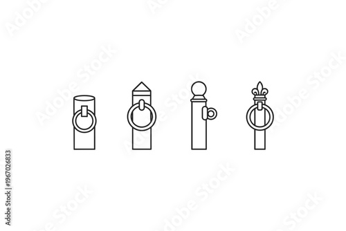 Collection of four different decorative posts with rings and finials