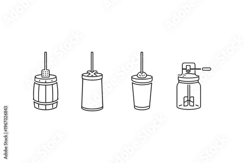 Collection of vintage butter churns and mixers in a simple line art style
