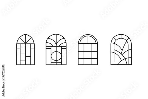 Collection of four distinct arched window designs with geometric patterns
