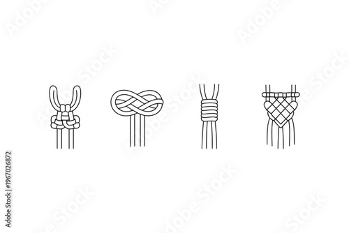 Collection of decorative macrame knots and techniques illustrated with simple line drawings