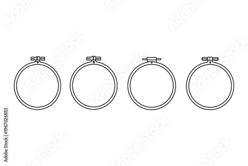 Four circular embroidery hoops with adjustable screws arranged in a line