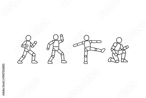 Four simple line art figures demonstrating different dynamic poses and movements