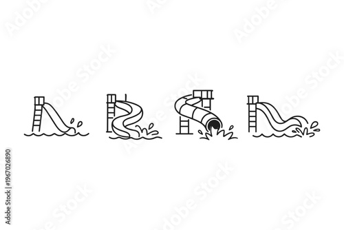 Collection of stylized water slides with splashing water at the bottom