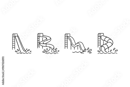 Collection of four different water slide designs with splashing water at the bottom