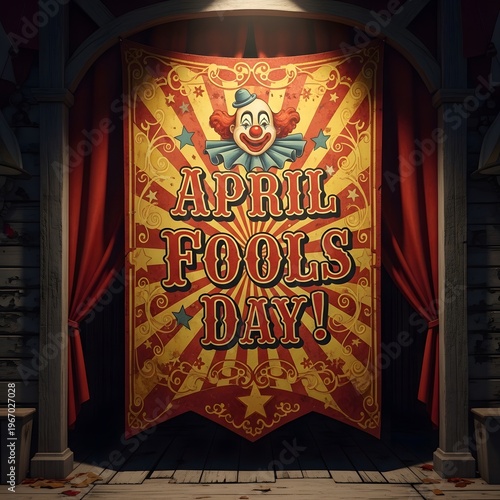 Vertical Vintage Circus Poster for April Fools Day with Red Theater Curtains and Clown Illustration