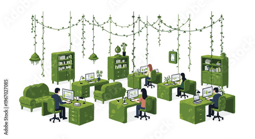Six people work at green desks with computers in an open-plan office filled with plants and hanging vines.