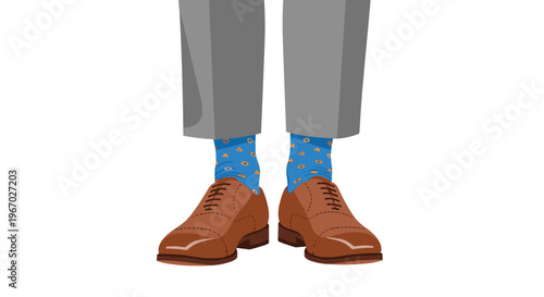 A person's feet wear light brown oxford shoes and blue patterned socks, standing frontally on a light wooden floor.