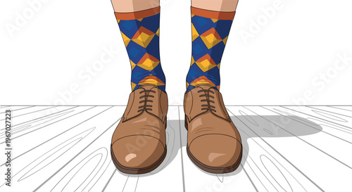 A person's feet wear brown oxford shoes and blue argyle socks, standing on a light wooden floor from a low angle.