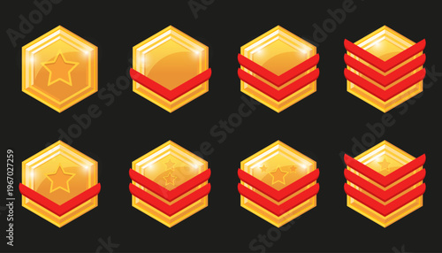 Rank badge icon set. Gold hexagon symbols with stars and red chevrons representing military or game level progression system