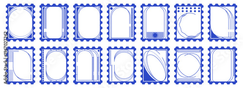 Postage stamp frame collection. Blue outline borders with perforation edges for mail themed design and decorative elements