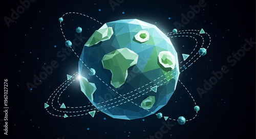Stylized low poly planet Earth with orbiting satellites and celestial bodies.