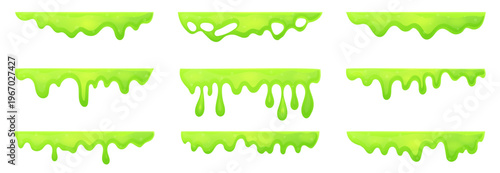 Slime drip shape collection. Green liquid elements with flowing drops for cartoon effects and game design assets