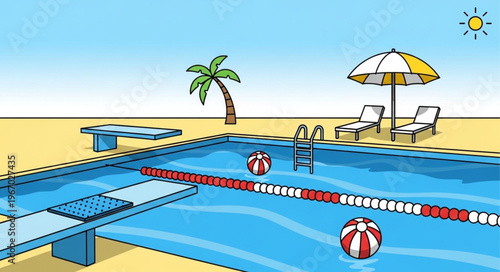 Outdoor swimming pool with diving board and lounge chairs.