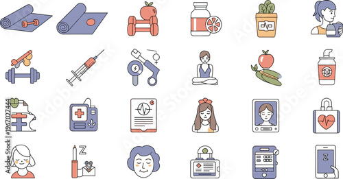 Healthcare and Wellness Icon Set Featuring Medical Equipment, Fitness Elements, Mental Health, Nutrition and Telemedicine Concepts Modern Vector Collection