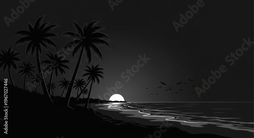 Palm trees silhouetted against a moonlit ocean beach at night.