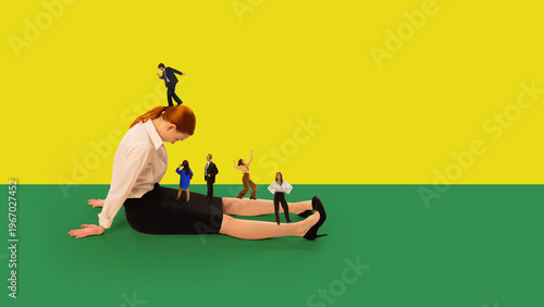 Businesswoman sitting while miniature office workers move across her body on colorful background. Concept of task distribution, team structure, workflow organization, and resource management.
