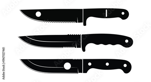 Vector graphic illustration of three different kitchen knives with black handles