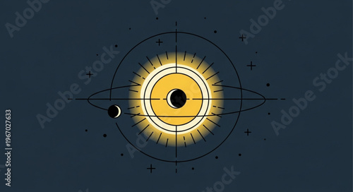 Celestial body with orbital rings and moon in crosshairs.