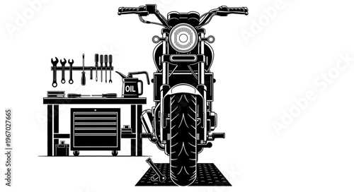 Motorcycle parked in a workshop with tools on a workbench.