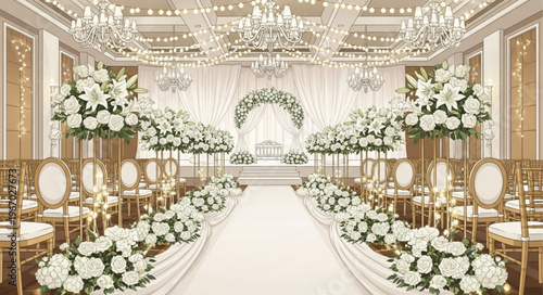 Elegant Wedding Ceremony Venue Decorated with White Flowers and Chandeliers.