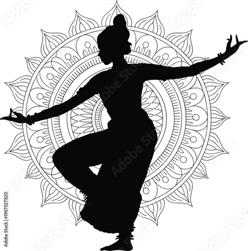 Elegant classical dancer silhouette with mandala background design, cultural art vector emphasizing rhythm, balance, tradition, and spiritual harmony illustration.